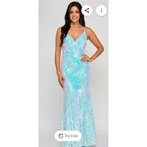 Morgan & Co. Light Blue Sequin Mermaid Evening Gown With Lace-Up Back
